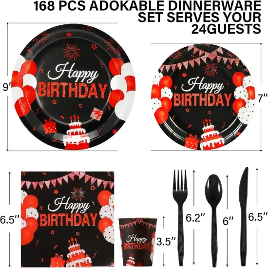 168 Pcs Black and Red Birthday Party Supplies Tableware Set Happy Birthday Plates, Knife,Forks,Spoons, Cups and Napkins Table Decorations for Women Girls Birthday Party Decorations, 24 Guests {2}