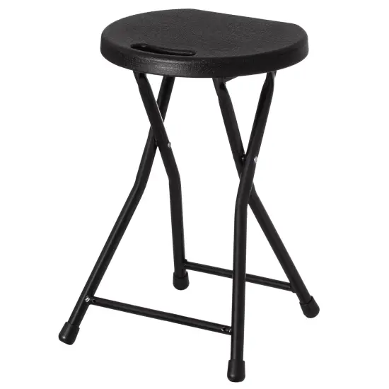 Basicwise 18-inch Portable Folding Stool with Handle Compact Chair with Non-Slip Feet and Metal Frame Legs for Indoor & Outdoor Use Ideal for Dorm Kitchen Vanity Game Room Garden Porch & Home Bar Black {1}
