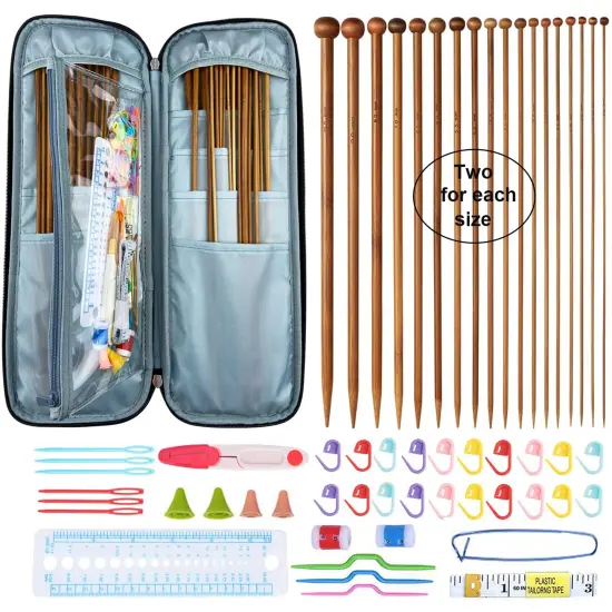 Bamboo Knitting Needle Set with Case 36pcs Straight Single Pointed Kniting Needles 13.5inch Length Sweater Needles for DIY Knitting Projects(2mm-10mm) Knitting Set with Accessories {1}