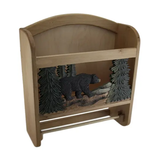 Bear in the Woods Hand Crafted Wooden Paper and Towel Holder w/Storage {1}