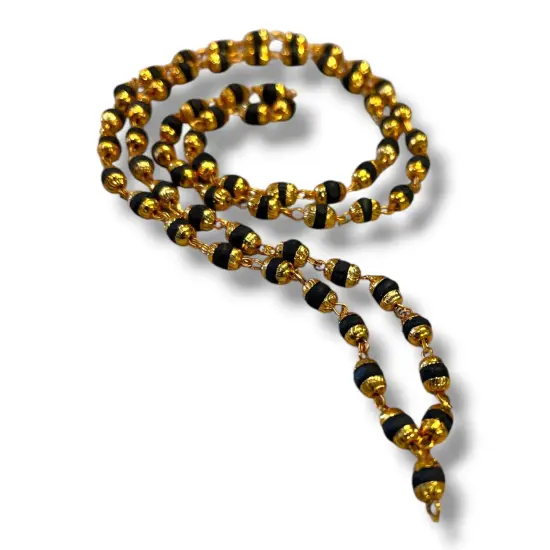 Tulsi Mala Necklace 4.8mm Holy Basil Beads Tibetan Buddhist Rosary Tulsi Neck Mala with Gold Caps for Pooja Meditation Yoga Hare Rama Hare Krishna Prayer beads White {6}