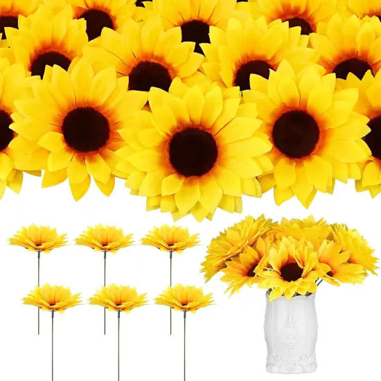80 Pcs Summer Sunflowers &ndash; 4.1" Yellow Artificial Flower Heads with Stems for DIY Projects & Seasonal Home Decor Floral Arrangements {1}