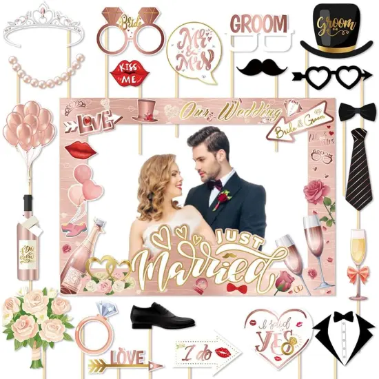 26 PCS Wedding Photo Booth Props and Photo Frames, Rose Gold Bride to Be Selfie Photo Booth Frame Props, Wedding Decoration Bachelorette Engagement Party Favor Supplies Welcome to Seller Assistant Please log in to your account to start working Log {1}
