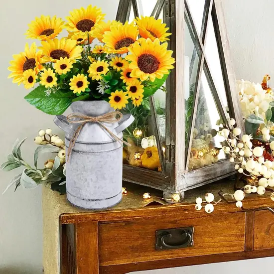 Summer Farmhouse Sunflowers &ndash; 13" Metal Milk Jug with Artificial Sunflower Bunches for Rustic Home & Kitchen Decor Floral Arrangements {3}