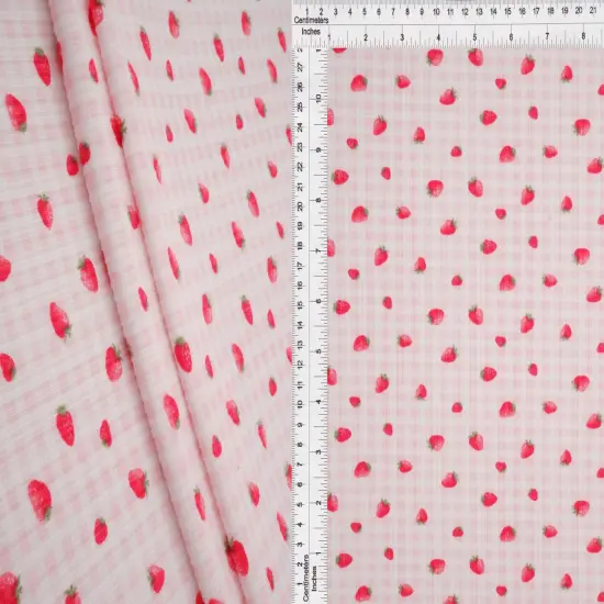 Soft Stretchy 4"x2" Yummy Rib Fabric with Strawberry Print 58/60" Wide Polyester Spandex Blend PINK BLUSH {6}