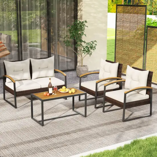 Costway 4 PCS Patio Conversation Set with Coffee Table Solid Acacia Wood Armrests Tabletop {5}