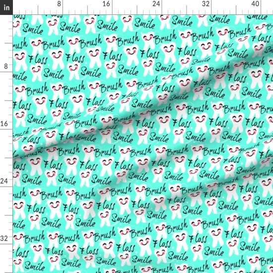 Various Fabrics by the Yard or Fat Quarter Brush Floss Smile Dental Retro Blue Kawaii Tooth Teeth Toothbrush Dentist Health Scrubs Aqua Custom Printed Fabric by Spoonflower {1}