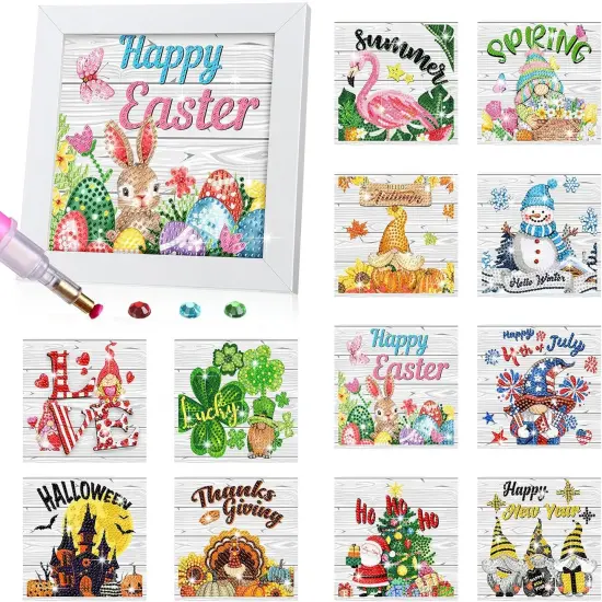 13 Pcs Interchangeable Seasonal Diamond Painting Kits Spring Summer Easter Diamond Art Kits with Frame for Cute Cartoon Holiday Table Decor Art Craft Gifts(Multi Elements) {1}