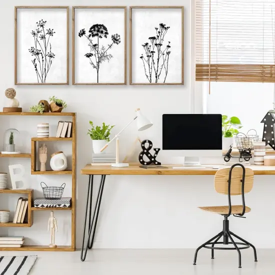 Summer Flower Plant Wall Decor 16"x11", Set of 3 Black and White Botanical Paintings, Wood Framed for Minimalist Bedroom, Office, and Rustic Living Room, Abstract Wildflower Hanging Sign (Wood White) {5}