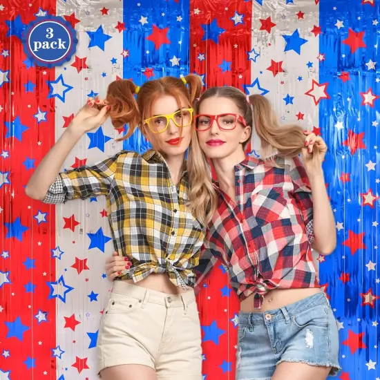 4th of July Decorations, Red White Blue 3 Pack America Star Tinsel Foil Fringe Curtains, Photo Booth Prop Streamer Backdrop for Independence Day, Memorial Day, Labor Day, Patriotic Party {2}