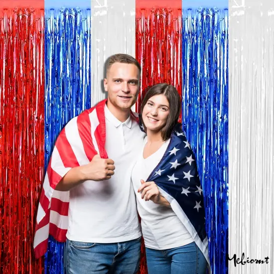 4 Pack 3.2Ft x 8.2Ft Independence Day Fringe Curtain Backdrop, Red Blue White Metallic Tinsel Foil Fringe Streamers Curtains Background for Photo Booth Birthday Wedding Carnival Party Decorations {3}