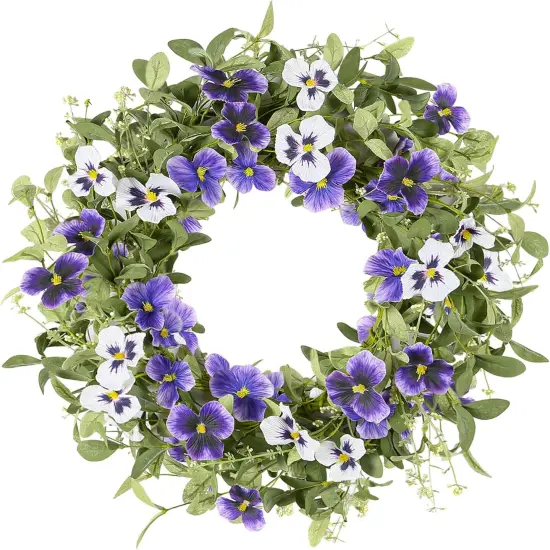 Spring Floral Wreaths for Front Door Summer Wreath with Purple Pansy Flowers Green Eucalyptus Leaves {1}