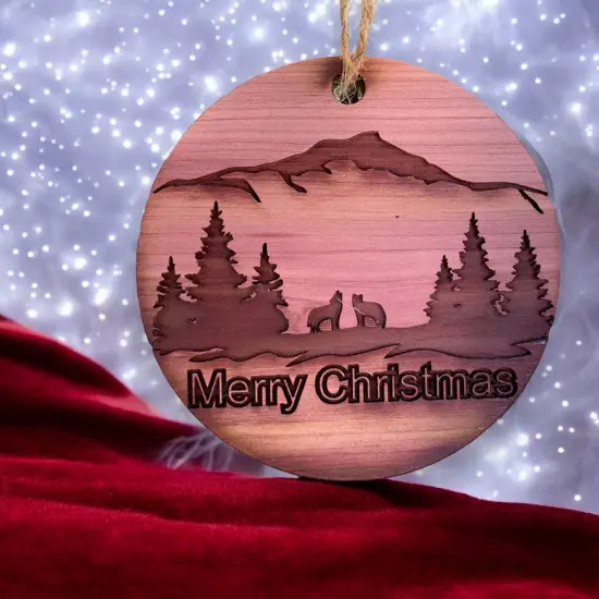 Merry Christmas Howling Wolves - Raw Cedar Ornament 3x3in {3}