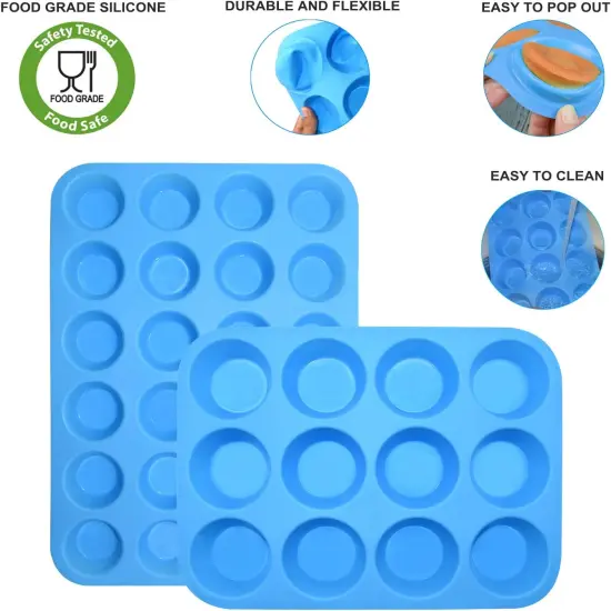 Silicone Muffin Pan Cupcake Set &ndash; Non-Stick 12 Cups and Mini 24 Cups,Silicone Baking Molds,BPA Free Muffin Tin with 1 Silicone Spatula & 1 Oil Brush (blue) {2}