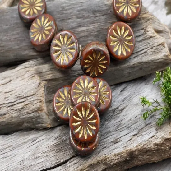 *15* 12mm Gold Washed Opaque Orange Picasso Aster Flower Coin Beads {2}