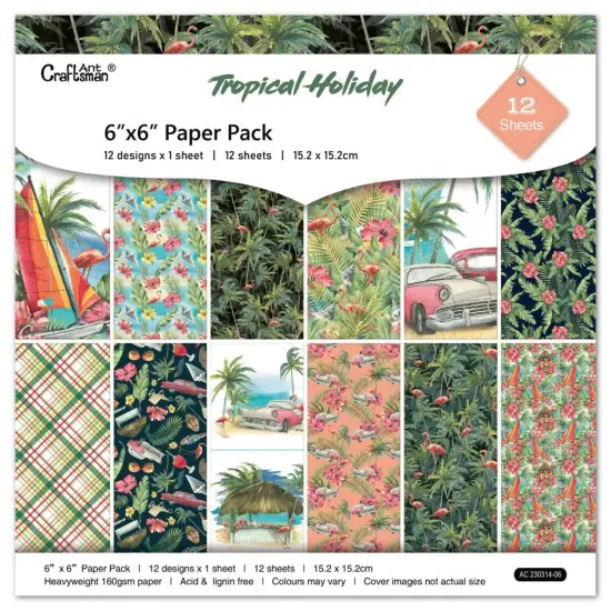 Tropical Holiday Scrapbook Paper Pack. 12 Sheets of 15.2x15.2cm Heavyweight Paper Pad F07M2-3 AC230314-06 {1}