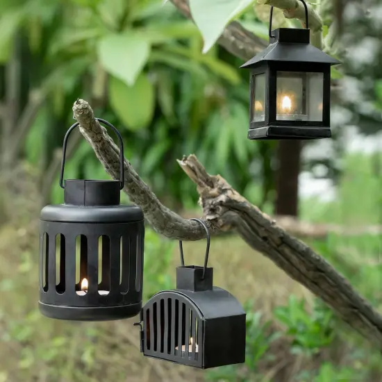 Black Kuma Metal Oval Shape Lantern With T-Light - Set Of 2 {3}