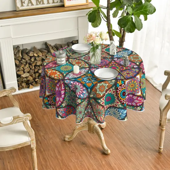 Boho Bohemia Style Round Tablecloth 60x60 Inch Round, Vintage Washable Seasonal Table Cover for Party Picnic Dinner Decor {2}