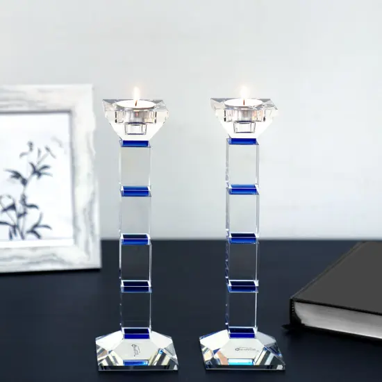Crystal Candlesticks Square Design Set of 2 - Blue {4}