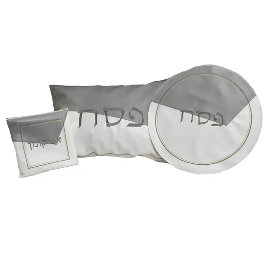 White and Grey Leatherette Seder Set with Gold Stitch Embroidery {1}