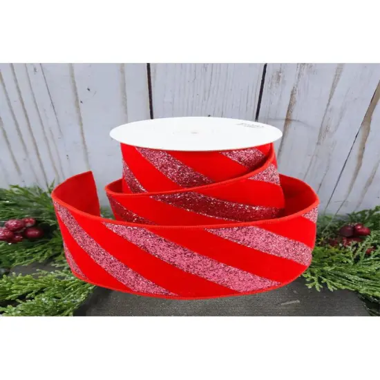 4" Red Velvet Glitter Stripe Ribbon: Pink (5 Yards) {3}