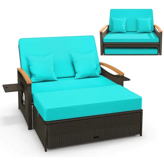 Costway Patio Rattan Daybed Set with Cushioned Loveseat & Storage Ottoman for Porch Beige/Navy/Red/Turquoise/Black/Gray {10}