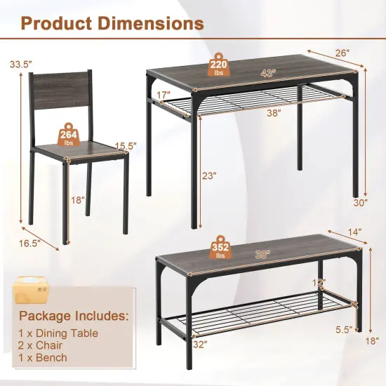 Costway Dining Table Set for 4 Rectangular Table with 2 Chairs, 1 Bench, Storage Racks Rustic Brown/Gray/Brown {11}
