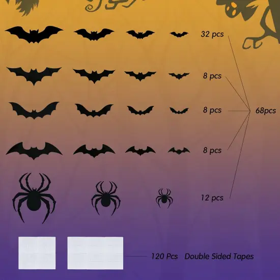 68pcs Halloween Bats & Spiders Wall Decor &ndash; 3D Black Plastic Stickers for Indoor/Outdoor Party Decorations {3}