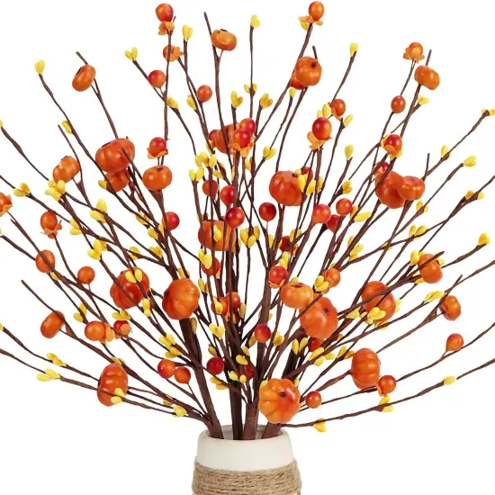 Set of 4 Artificial Fall Orange Berry Stems with Pumpkins Sprigs {5}
