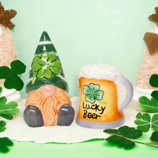 Ceramic Saint Patrick's Day Gnome with Beer Salt and Pepper Shakers, Irish Beer, Fairy Garden Decor, Lucky Beer, Gift for Him, Drinking Buddy Gift {2}
