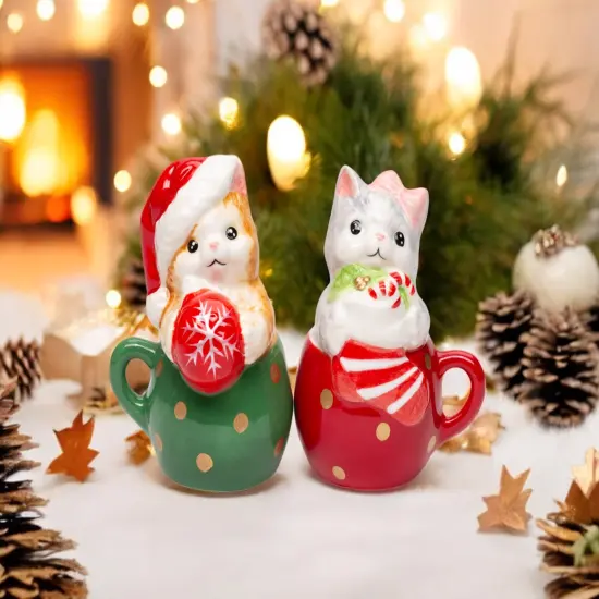 Ceramic Kittens in Teacups Christmas Theme Salt and Pepper Shakers, Christmas Decor, Cat Lover Gift {1}