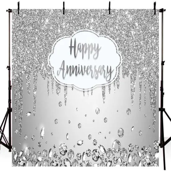 7x5ft Happy Anniversary Backdrop Silver Dripping Glitter Crystals {3}