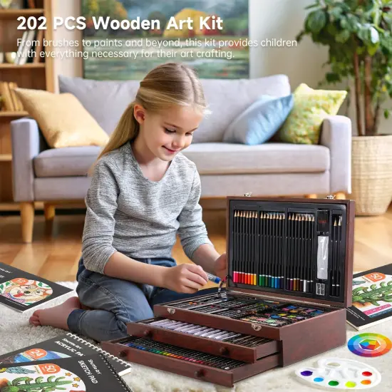 Deluxe Gift Art Kit, 202-Piece Wooden Art Supplies Set with 4 Drawing Pads, Canvases, Coloring Sheets, Acrylic Paint, Crayons, Oil Pastels, Colored Pencils for Kids {5}