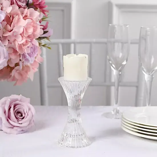 2 Clear 5 in Hour Glass Reversible Pillar and Taper CANDLE HOLDERS Party Events {3}