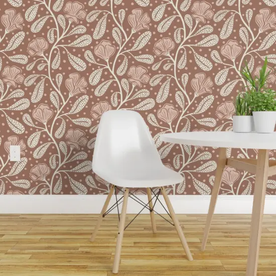 Peel & Stick Wallpaper 2FT Wide Earth Tone Floral Botanical Dots Flowers Vines Abstract Monochromatic Brown Beige Neutral Earthy Prairie Rustic Farmhouse Blush Custom Removable Wallpaper by Spoonflower {1}