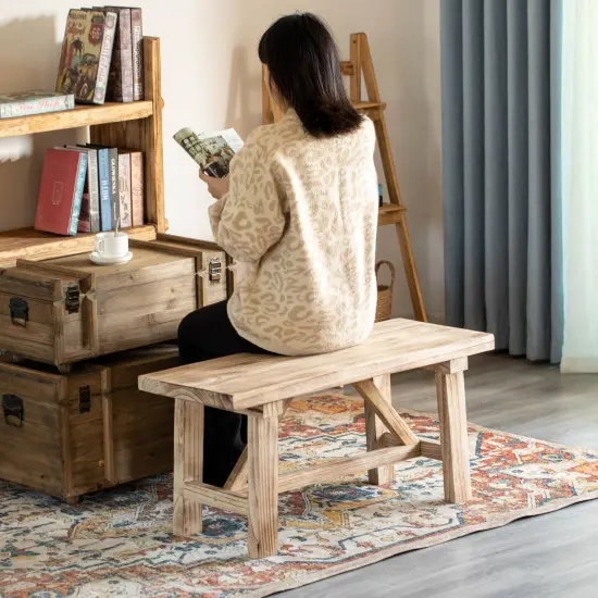 Vintiquewise Wooden Bench Farmhouse Entryway Organizer Retro Rustic Accent Seat Natural Wood Armless Design for Living Room Hallway Kitchen Dining Room Stylish & Practical D&eacute;cor for Indoor Space {11}