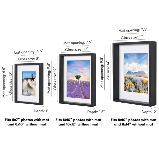Americanflat Set of 3 Picture Frames - Includes 8x10, 10x12, 11x14 Frames - Use as 5x7 and 8x10 Frames with Included Mat - Black Picture Frames with Deep, High-Quality Molding and Shatter-Resistant Glass {2}