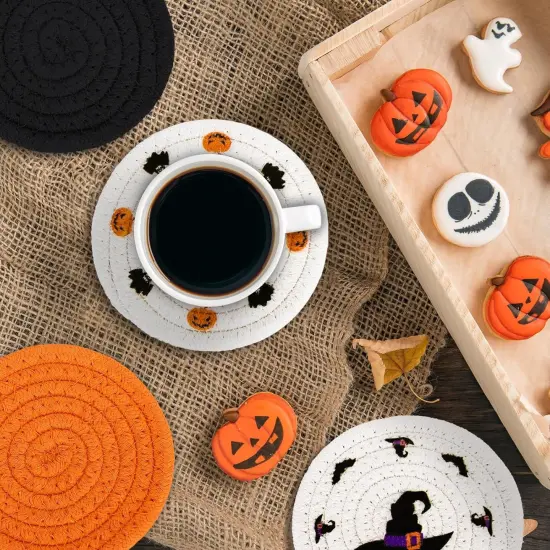 4 Pack Halloween Handmade Braided Drink Coasters Black Orange Pumpkins- 4.3 Inch {5}