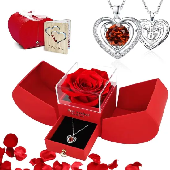 Preserved Red Real Rose with I Love You Birthstone Necklace {1}