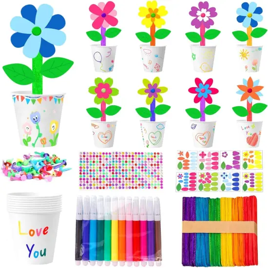 30 Set Spring Craft Kit DIY Paper Pot Craft Make Your Own Flower Pots Standing Flowers Art Activities Fun Gift Craft Projects {1}