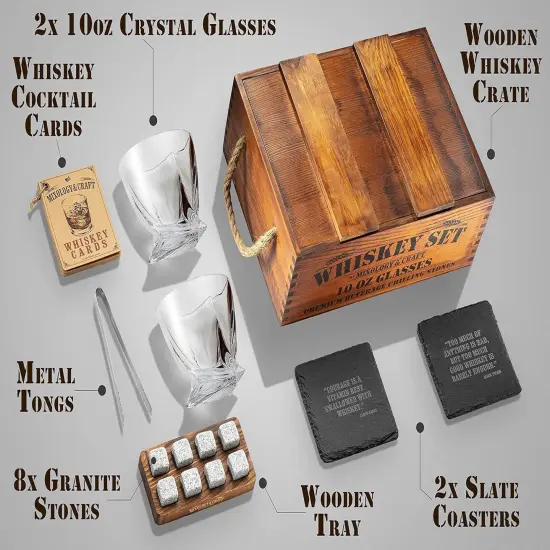 Whiskey Gift Set, Whiskey Glass Set with Rustic Wooden Crate, 8 Granite Whiskey Rocks Chilling Stones, 10oz Whiskey Glasses, Gift for Men, Dad, Husband, Boyfriend - Jameson Brown {2}
