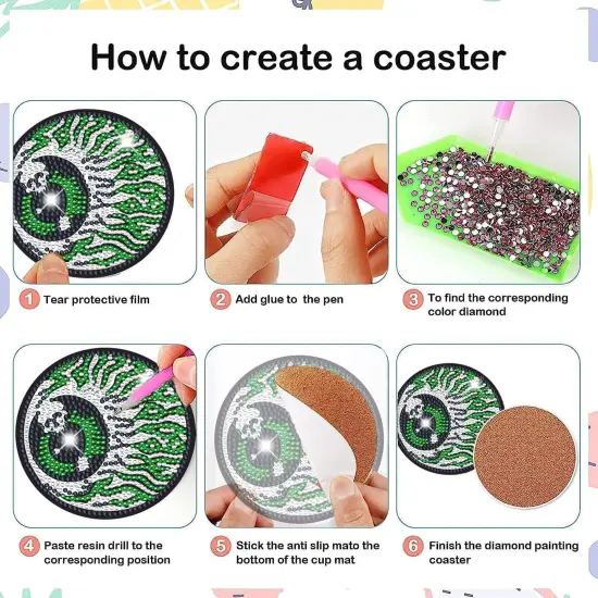 6 Pcs DIY Diamond Art Painting Big Eyes Coasters with Holder, Evil Eyes Coasters Diamond Art Kits for Adults Beginners. Diamond Craft Supplies Coasters for Drinks {3}