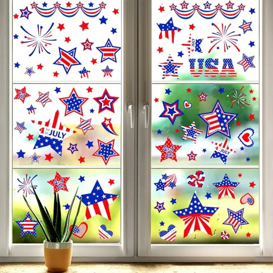 9 Sheets 4th of July Patriotic Stars Window Stickers Double-Sided Red White Blue {5}
