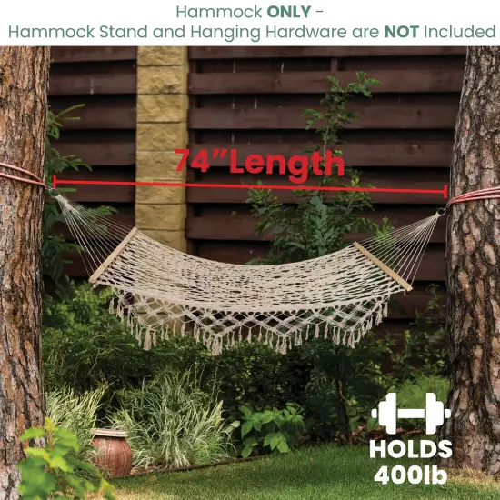 Northlight Lattice Macrame Rope Hammock with Wooden Bars - 74" x 59" - Cream White {7}