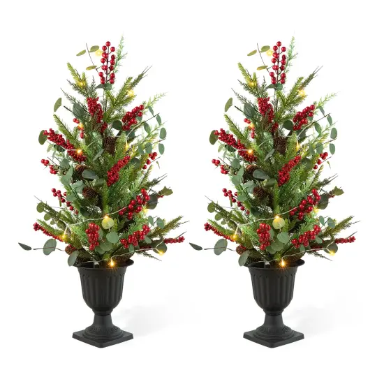 Set of 2 36''H Christmas Lighted Berry Pine Cone Urn Porch Trees With Timer Green {5}