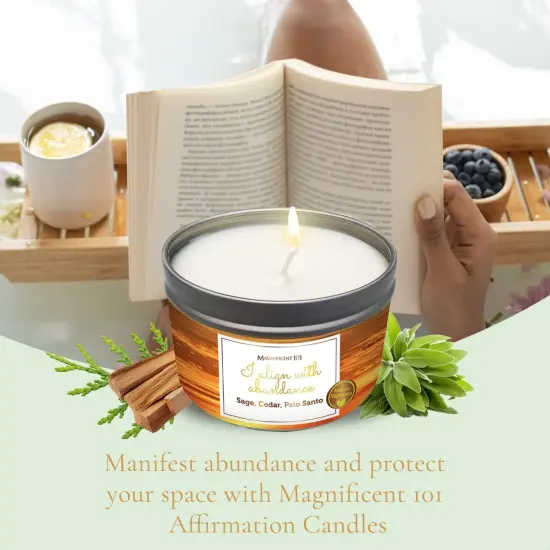 Magnificent 101 Long Lasting Affirmation Tin Candle with Sage, Cedar & Palo Santo Scented | 6 Oz - 35 Hour Burn | Made of Soy Wax for House Energy Cleansing, Meditation | I Align with Abundance Multicolor {2}