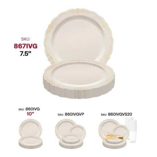 Ivory with Gold Vintage Rim Round Disposable Plastic Appetizer/Salad Plates - 7.5" (120 Plates) {6}