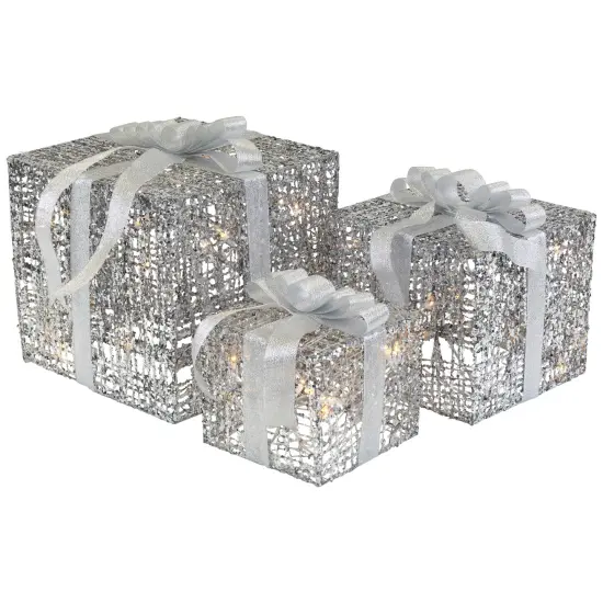 Northlight Lighted Glitter Threaded Gift Boxes Outdoor Christmas Decoration - Silver - Set of 3 {3}