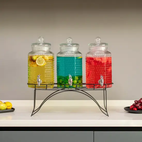 Basicwise 3-Piece Glass Drink Dispenser Set with Metal Stand and Stainless Steel Spigot - Beverage Dispensers for Lemonade, Juice, Water, Iced Tea, and Punch - Ideal for Tea Party and Other Occasions {2}