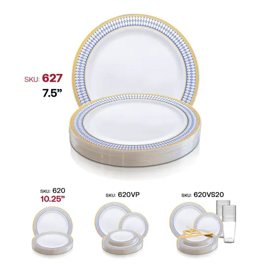 White with Blue and Gold Chord Rim Plastic Appetizer/Salad Plates - 7.5" (120 Plates) {6}